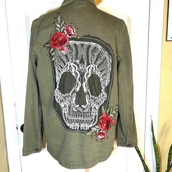 Boom Boom Jeans Green Denim Bomber Utility Jacket Sugar Skull Embellished Size S - Picture 1 of 9